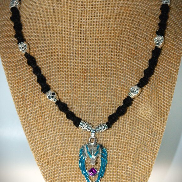 Blue Glow-In-The-Dark Wolf Skull Accent on 22 1/4" Handmade Black Hemp Necklace - Picture 2 of 6